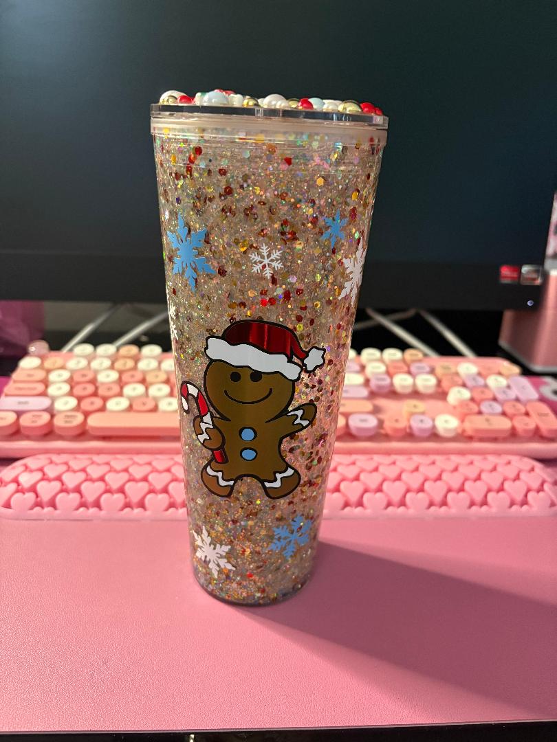 Pre-made 24oz Christmas gingerbread snow globe acrylic tumbler